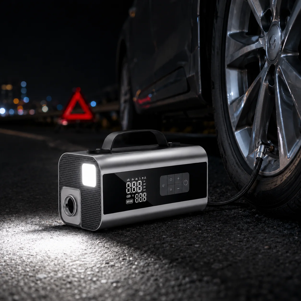 VJS-001 emergency LED lighting beside a vehicle tire at night