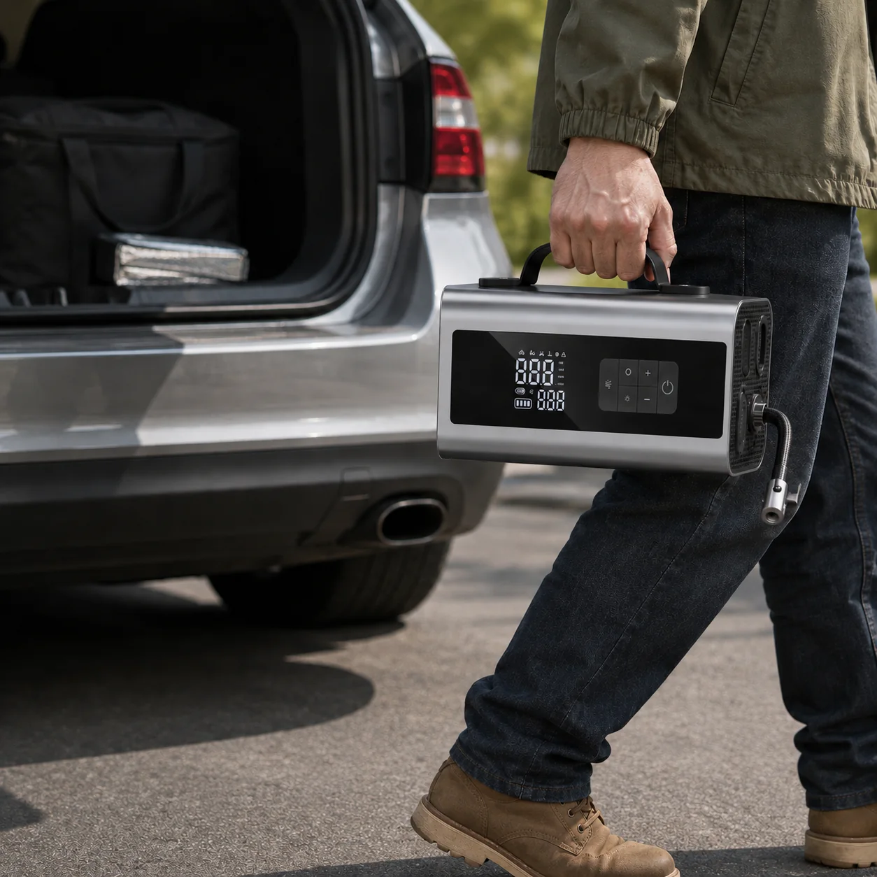 VJS-001 portable jump starter carried by its top handle beside a vehicle