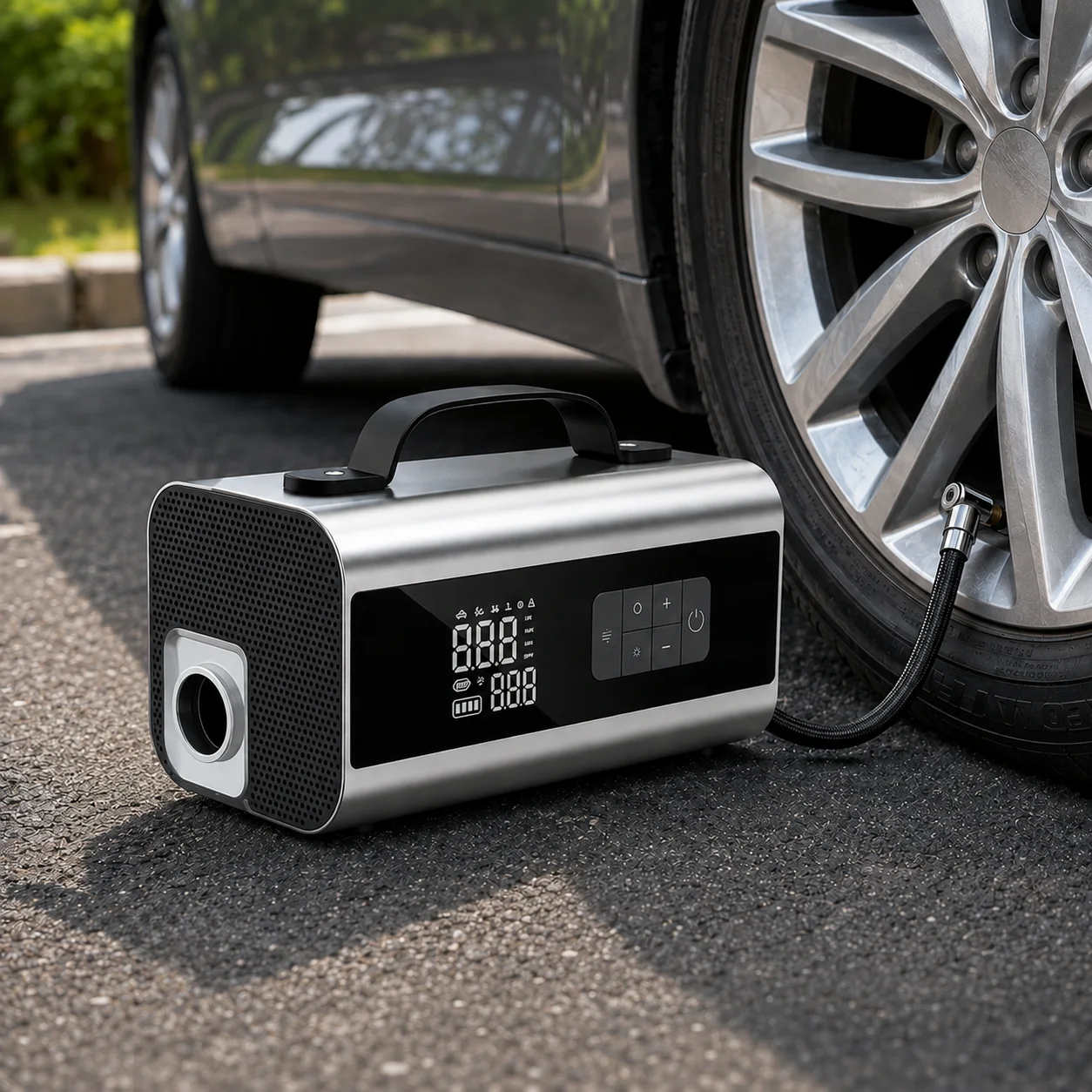 VJS-001 jump starter with air compressor inflating a car tire
