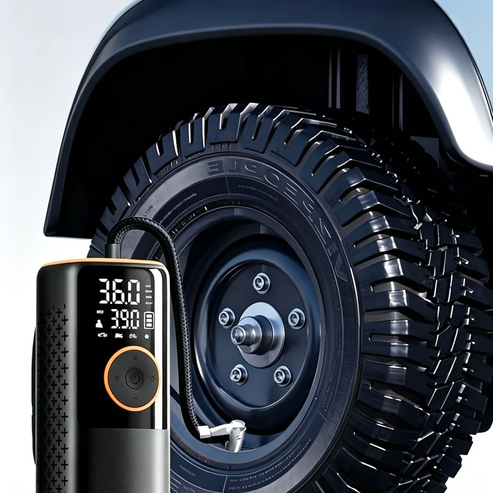VTI-001 portable tire inflator connected to a vehicle tire