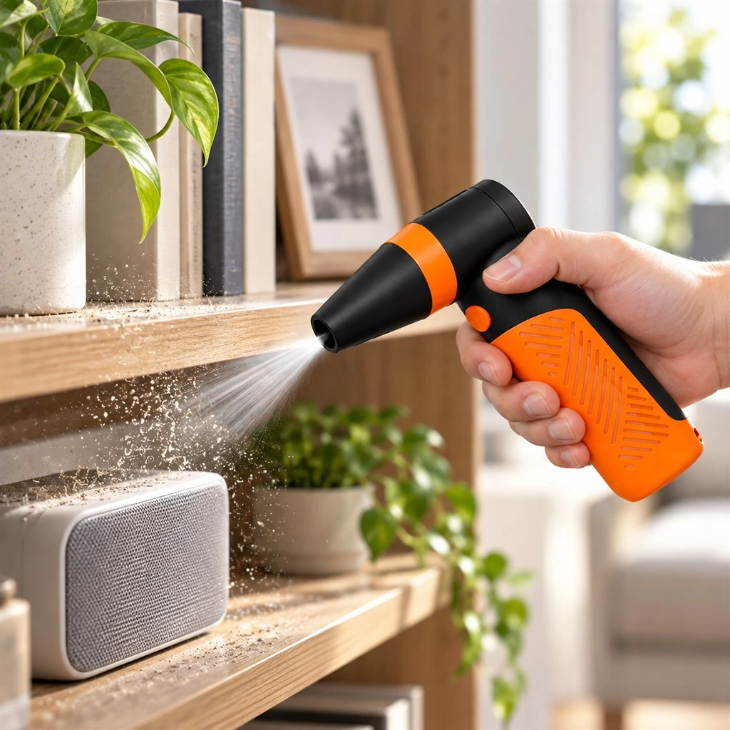 VAD-002 cleaning dry dust from a home shelf and small electronics