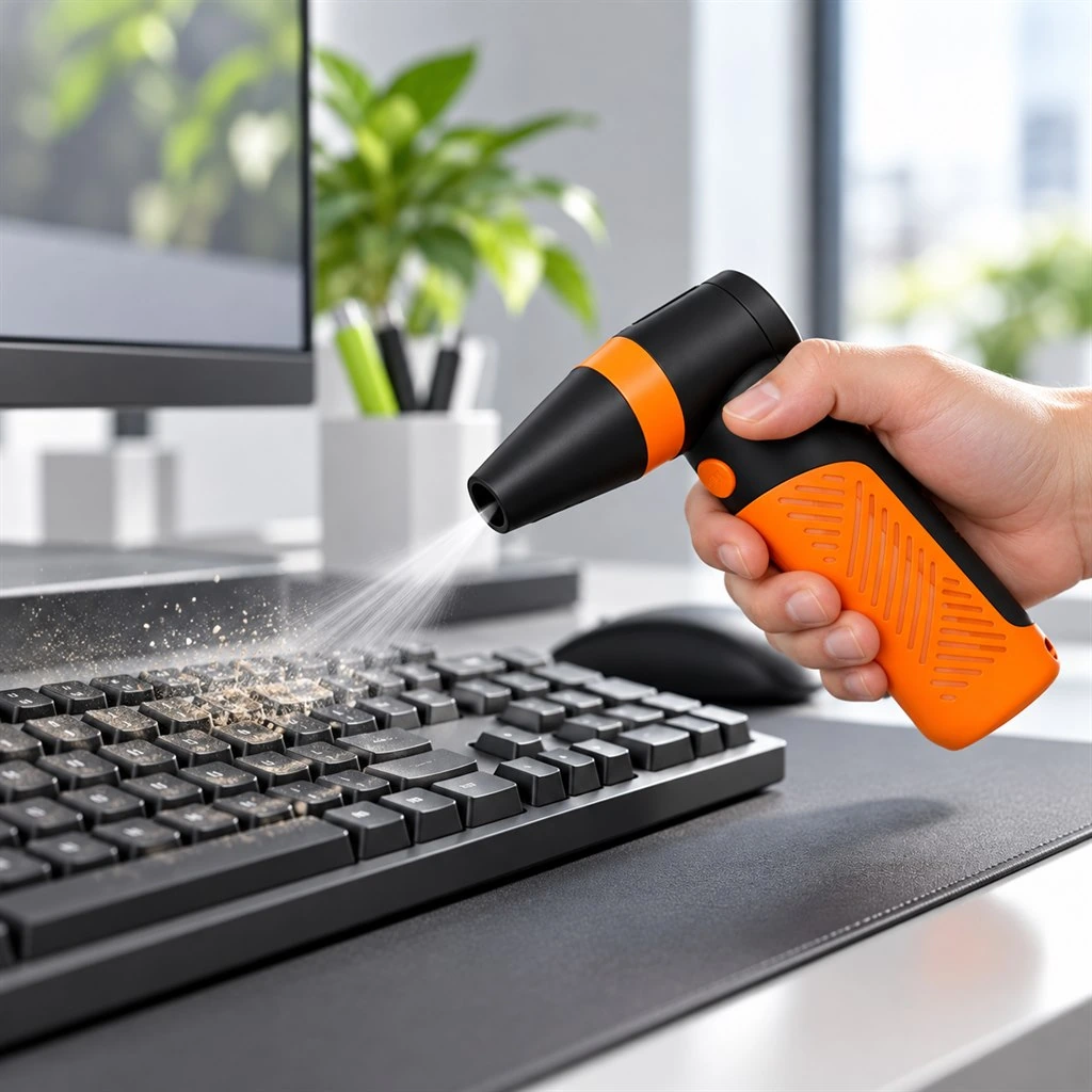 VAD-002 cleaning dry dust from an office keyboard and workstation