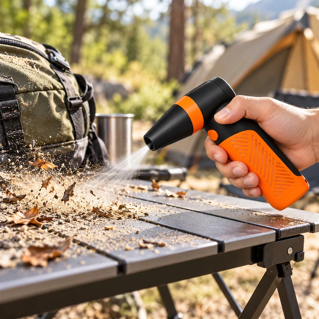 VAD-002 clearing dry debris from camping equipment and a folding table